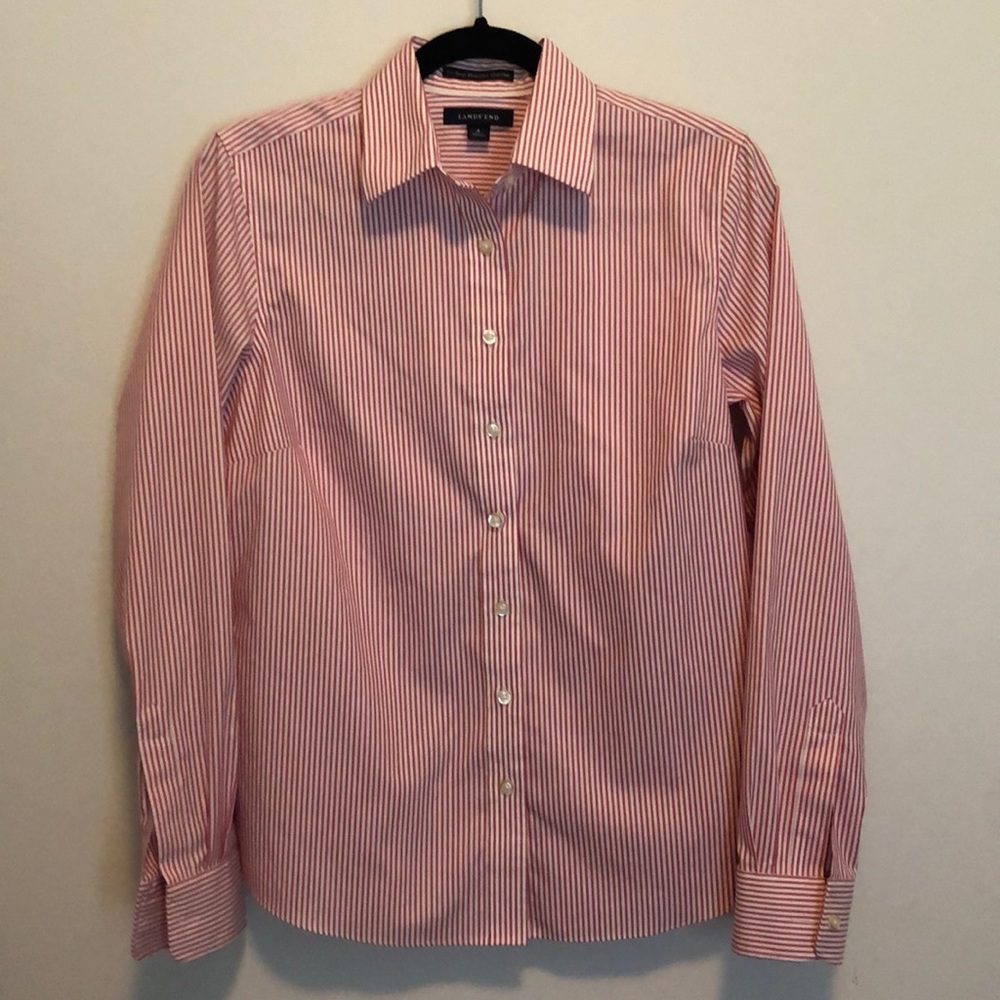 Lands’ End pink stripe no iron pinpoint Oxford